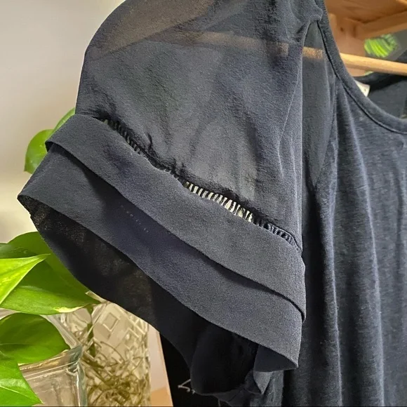 Rebecca Taylor navy blue sheer silk sleeve linen top - Picture 6 of 13